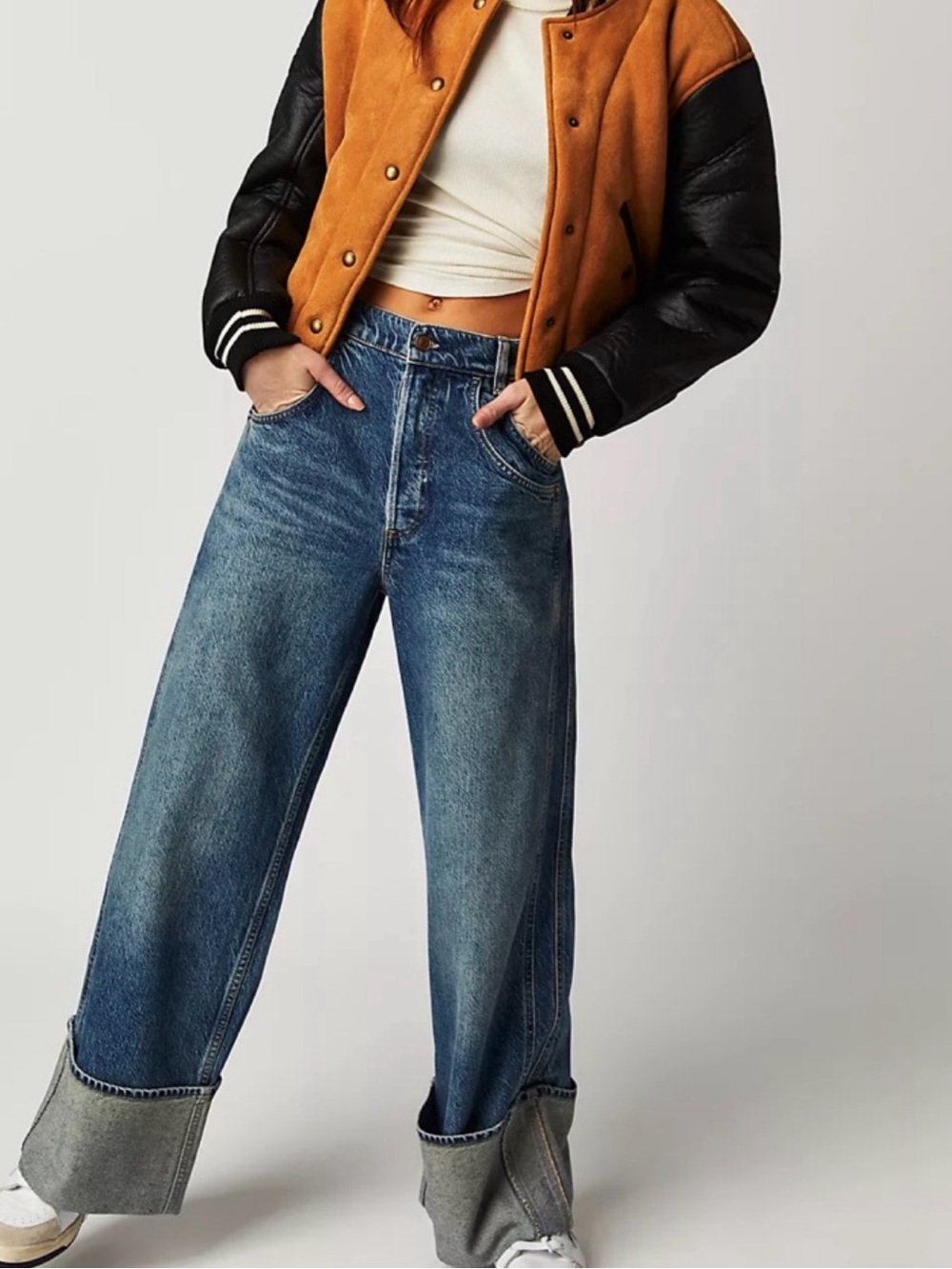 Free People Wide-Leg Cuffed Women's Jeans in Blue